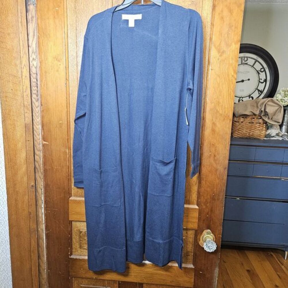 Amazon Essentials Women 1X Navy Blue Duster Cardigan Sweater Longline Open Front - Picture 2 of 5